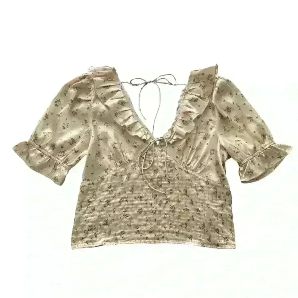 FREE PEOPLE Isabella Silky Floral Ruffle Babydoll Blouse in Copper‎ color
